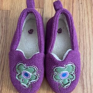 Acorn Kids Purple Slippers with Green Flower Design